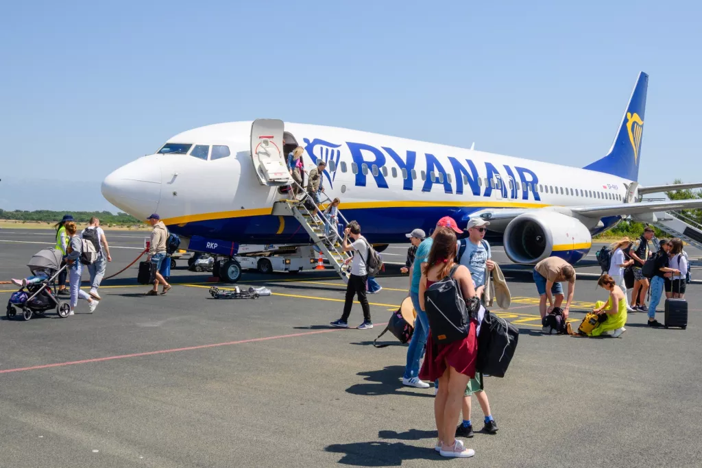 Gdansk, Poland - June 8, 2025Travelers board the passenger plane of Ryanair airlines. Gdansk Airport in Poland