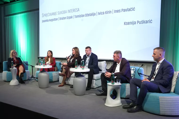 48 sati 2026. Okrugli stol Sprječavanje sukoba interesa: Ksenija Pu&scaron;karić, Jasenka Augu&scaron;tan Pentek, Ines Pavlačić, Ivica Kirin, Dražen Srpak i Tomislav Dželalija